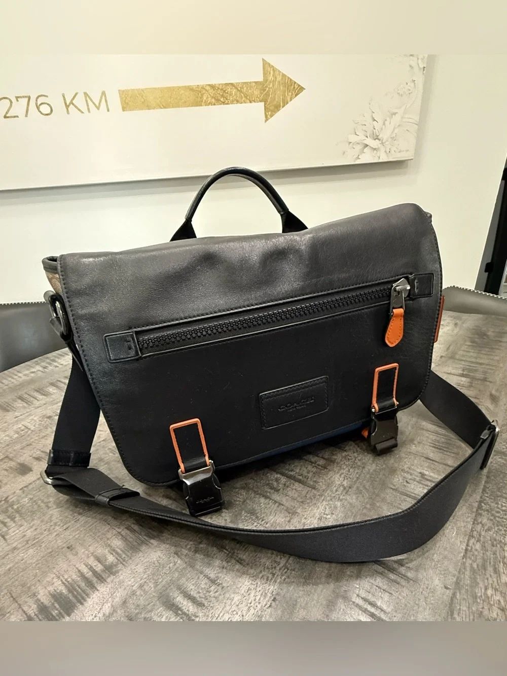Coach Black Leather & Brown Signature Canvas Messenger Bag with Orange Accents